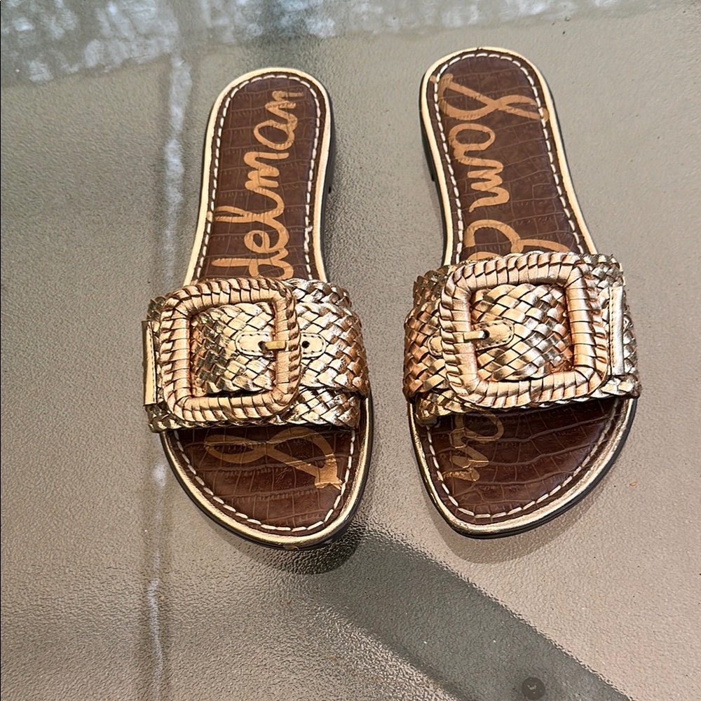 Sam Edelman Gold and Brown Sandals with Decorative Buckle